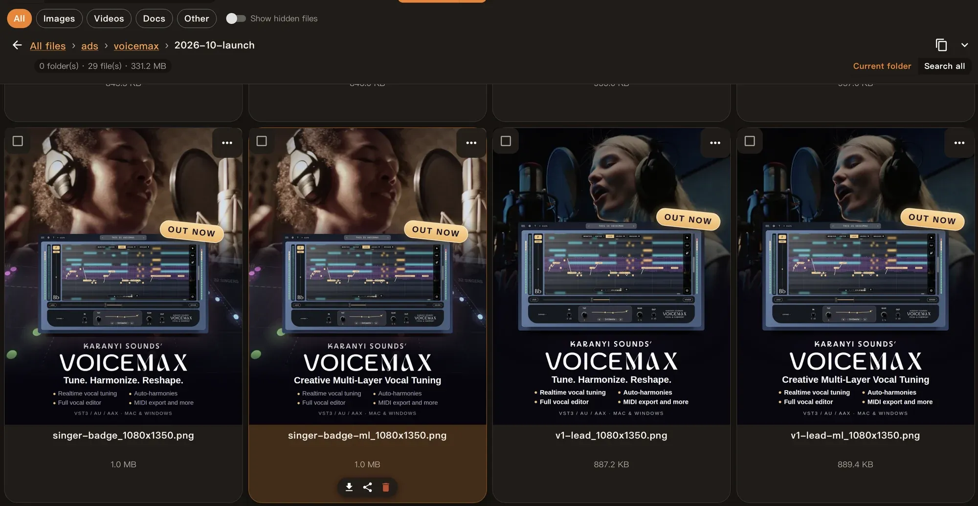 The finished ad creatives of a campaign in our own content library, in several sizes and variants.