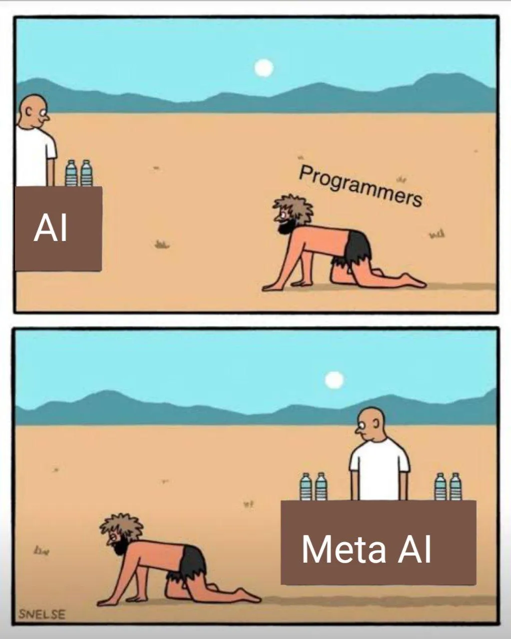 Two-panel meme: in the first panel “Programmers” crawl through the desert to a water stand labelled “AI”, in the second they crawl right past the “Meta AI” stand.