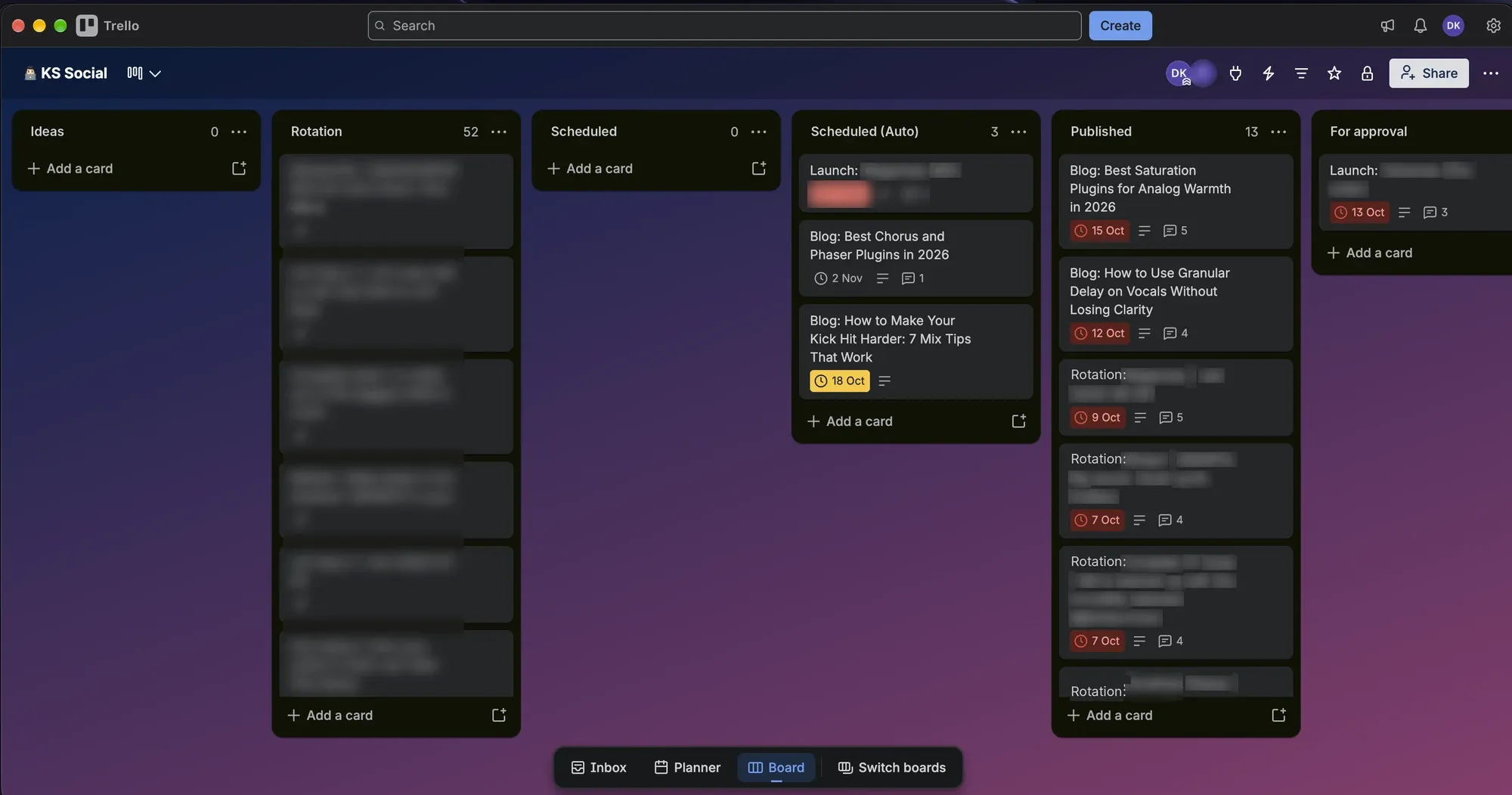 The content queue in Trello: columns for ideas, rotation, scheduled, published and awaiting approval.